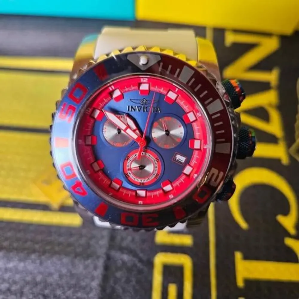 Invicta Pro Diver Chronograph Watch – Red & Blue Dial – 200M Water Resistant